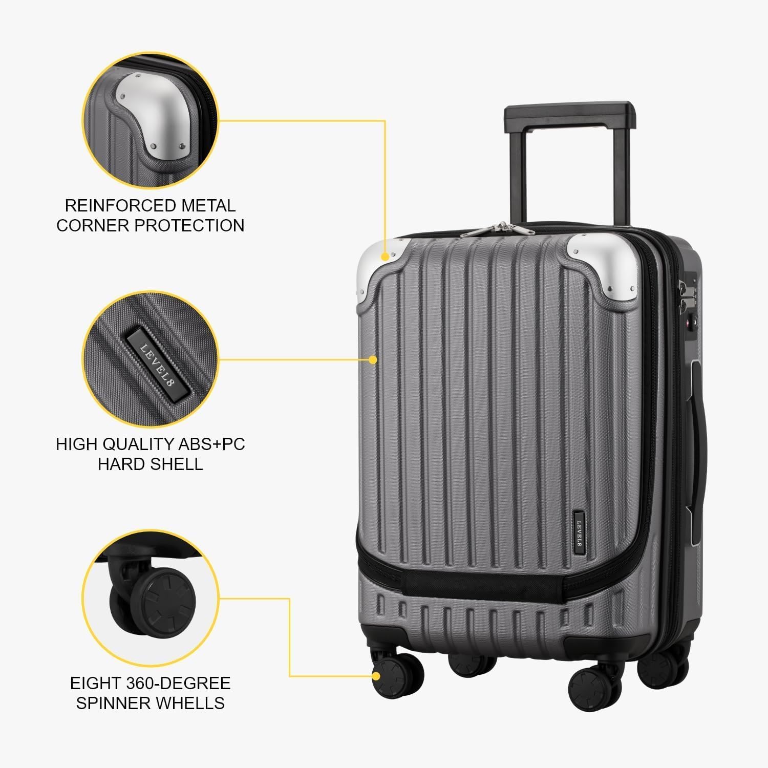 LEVEL8 Grace Carry On Luggage, 20 Inch Hardside Suitcase, Abs+Pc Harshell Spinner Luggage with Tsa Lock, Spinner Wheels, Grey, 20-Inch Carry-On