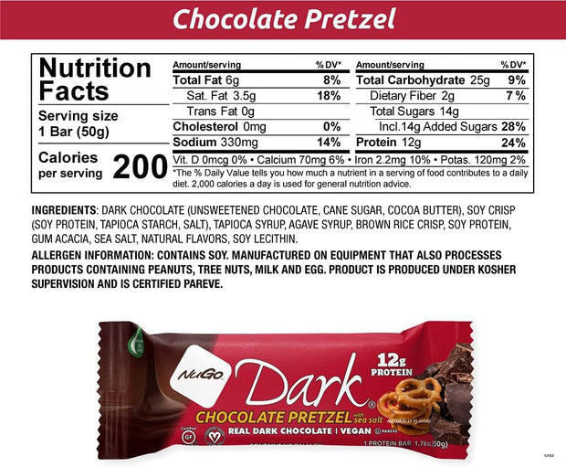 NuGo Dark Chocolate Pretzel and Sea Salt, 12g Protein Bar, Vegan, Gluten Free, Non-GMO, Kosher Pareve, 24 Count