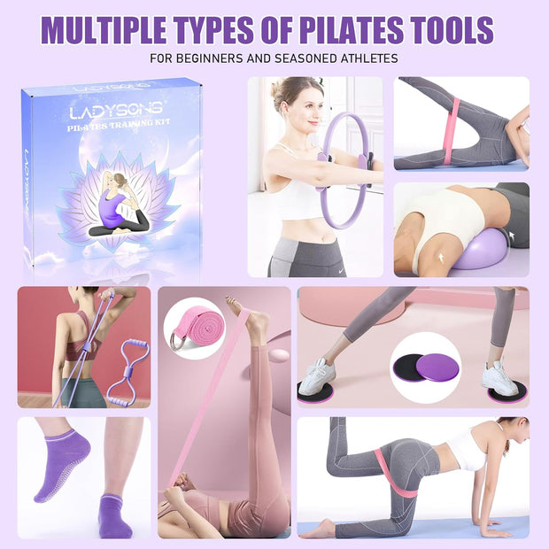 Pilates Ring Set - Home Workout Equipment Set with 12.6'' Magic Circle, 9.8'' Ball, Sliding Disks, Resistance Bands & Training Poster etc, Pilates Kit for Beginners, Fitness Gift Idea