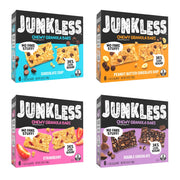 JUNKLESS Chewy Granola Bar 4‑Flavor Variety Pack (24 Bars)–Non‑GMO, Gluten‑Free, Less Sugar Snack Bars— Chocolate Chip, Peanut Butter Chocolate Chip, Cinnamon Roll & Real Strawberry, 4 Boxes