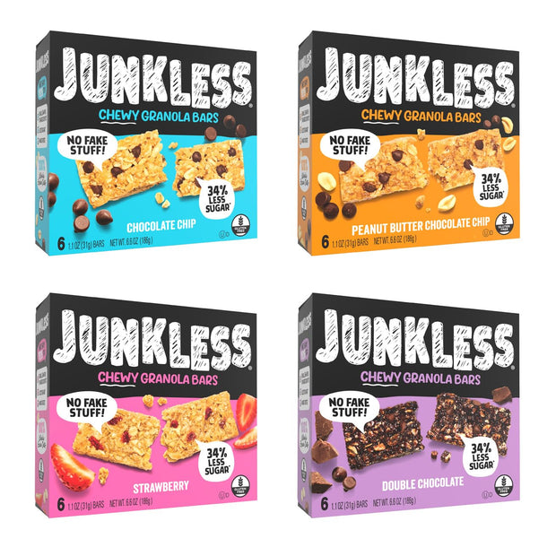 JUNKLESS Chewy Granola Bar 4‑Flavor Variety Pack (24 Bars)–Non‑GMO, Gluten‑Free, Less Sugar Snack Bars— Chocolate Chip, Peanut Butter Chocolate Chip, Cinnamon Roll & Real Strawberry, 4 Boxes