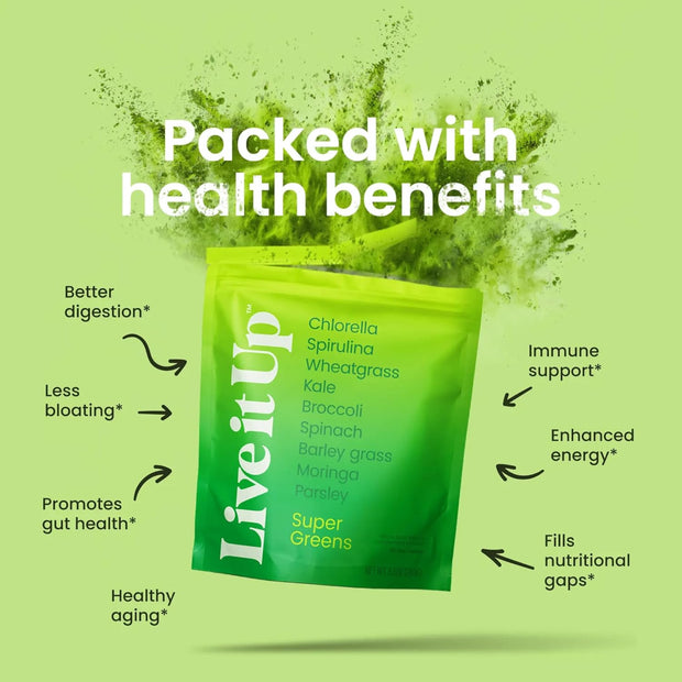 LIVE IT UP Super Greens Powder | All-Natural Plant-Based Superfood Blend with Probiotics & Digestive Enzymes | Supports Gut Health, Immunity, Energy, and Daily Wellness | No Added Sugar - 30 Servings