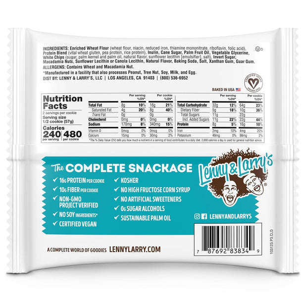 Lenny & Larry’s The Complete Cookie, White Chocolate Macadamia – 4oz Soft-Baked Vegan Cookies (Pack of 6) by Savanova – Plant-Based, Non-GMO, High Protein Snack, Dairy-Free, Egg-Free