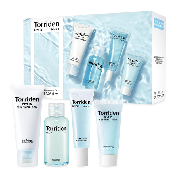 Torriden DIVE IN Trial Kit | Hyaluronic Acid Infused Daily Skincare Kit - 4 Step Regimen with Foam Cleanser, Facial Toner, Serum, and Cream | Korean Skin Care Travel Kit, Travel Essential