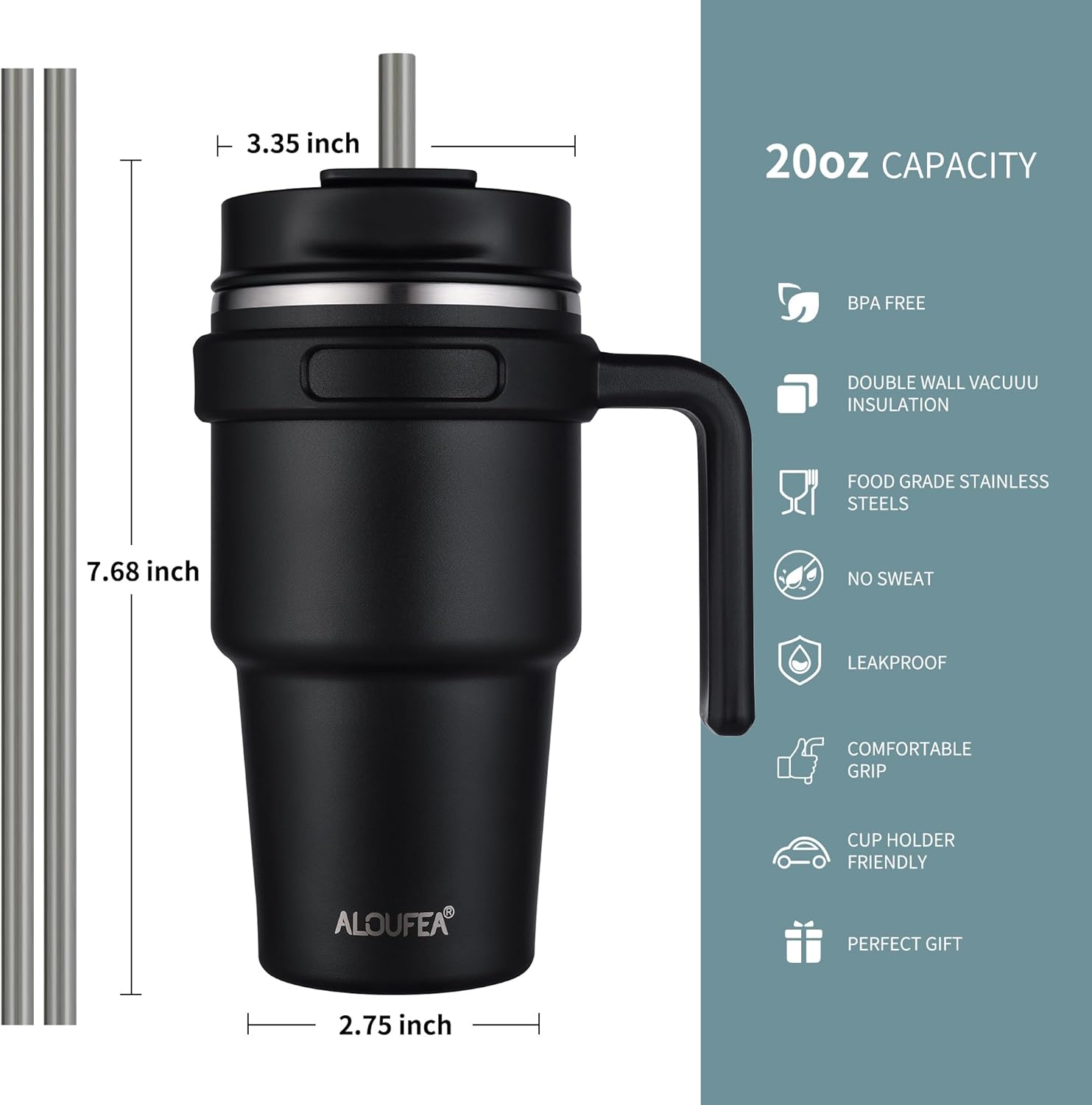 ALOUFEA 20 oz Insulated Coffee Mug Tumbler with Handle, Stainless Steel Travel Mug Tumbler with Lid and Straw,Double Wall Vacuum Leak Proof Ice Coffee Thermal Cup, Black
