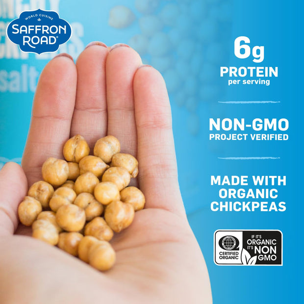 Saffron Road Roasted and Crunchy Sea Salt and Cracked Pepper Chickpeas | High Protein Snacks | Gluten-free, Vegan, Non-GMO, and Certified Halal and Kosher | 5.4oz Pouch | Pack of 6