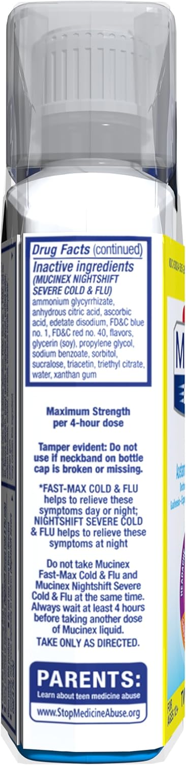 Mucinex Maximum Strength Fast-Max Cold & Flu and Nightshift, All-in-One Multi Symptom Relief Liquid, 6 Fl Oz - 2 Count (Pack of 1)