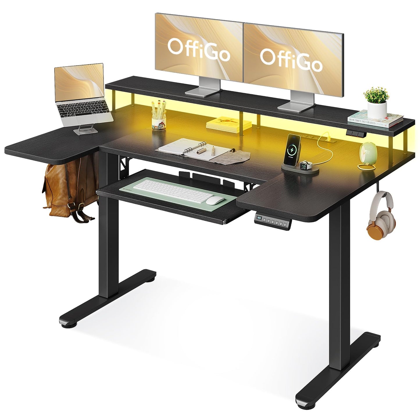 U Shaped Electric Standing Desk with Keyboard Tray, 55 Inch Height Adjustable Desk with Power Outlets & LED Lights, Sit Stand Table with Monitor Stand for Home, Office, White