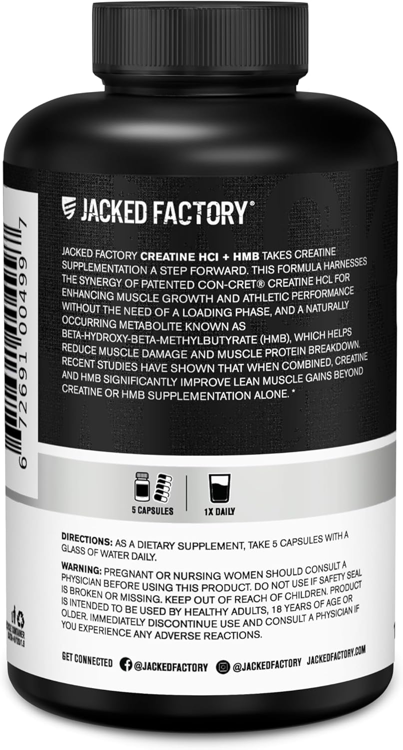 Jacked Factory Creatine HCL + HMB Capsules - Synergistic CON-CRET, myHMB, & Vitamin D Formula for Improved Growth, Strength, & Reduced Muscle Breakdown - 150 Capsules