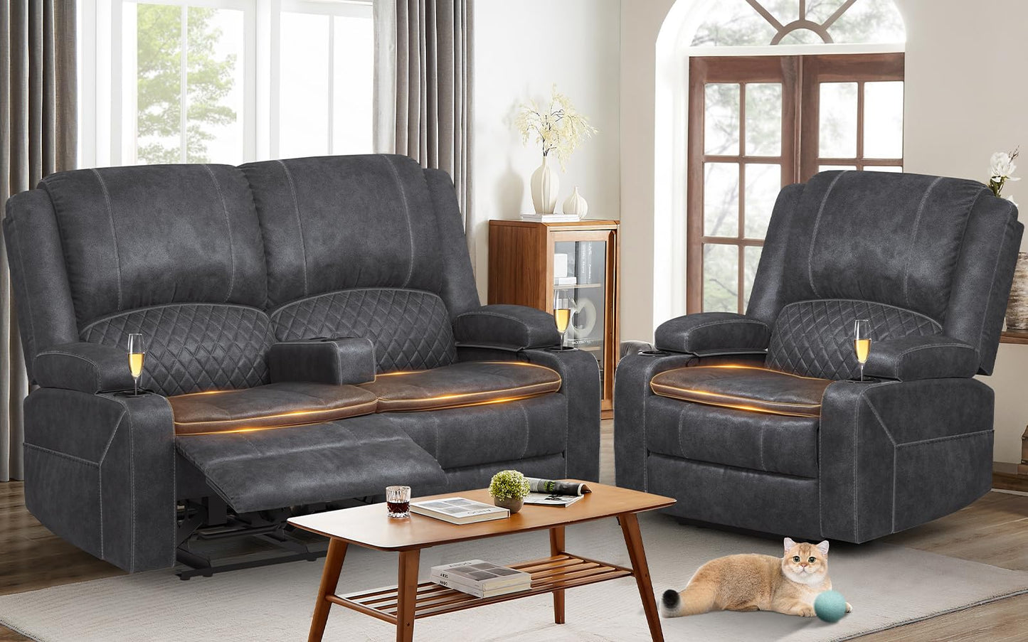 Loveseat Recliner Sofa Set with 2-Tier Cushion, 2+1+1 Pieces in Living Room, 2 Seater Reclining Loveseat Leather with Removable Console, 2 Oversize Recliner Chair Sofa Seat - Grey