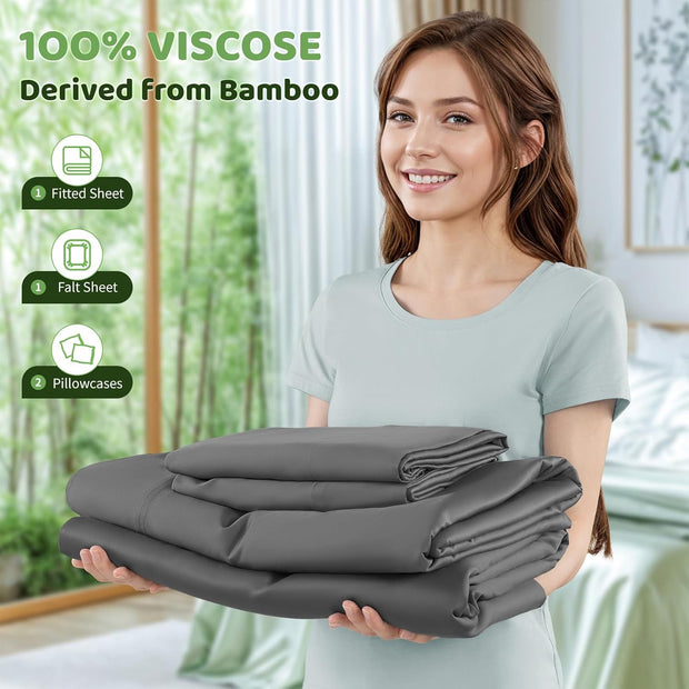 LBRO2M Cooling Bed Sheet 100% Viscose Derived from Bamboo Sheet Set 4 Piece,Fit Up to 16" Deep Mattress, 1800 TC Sheet Super Soft Silky Smooth,Breathable Cool Bedding (King Dark Gray)