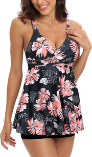 SEAFORM Women's Tankini Bathing Suits Two-Piece Tummy Control Swim Dress High Waist Printing Padded Swimsuits with Boyshorts