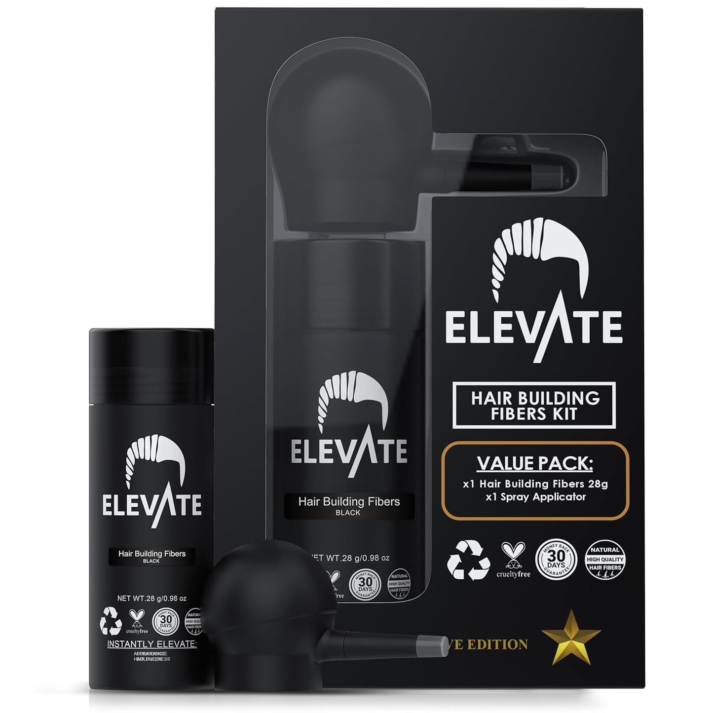ELEVATE Hair Perfecting 2-in-1 Kit | Set Includes Natural Hair Thickening Fibers & Spray Applicator Pump Nozzle | Instantly Conceal & Thicken Thinning Balding Areas in Seconds Men & Women (Black)