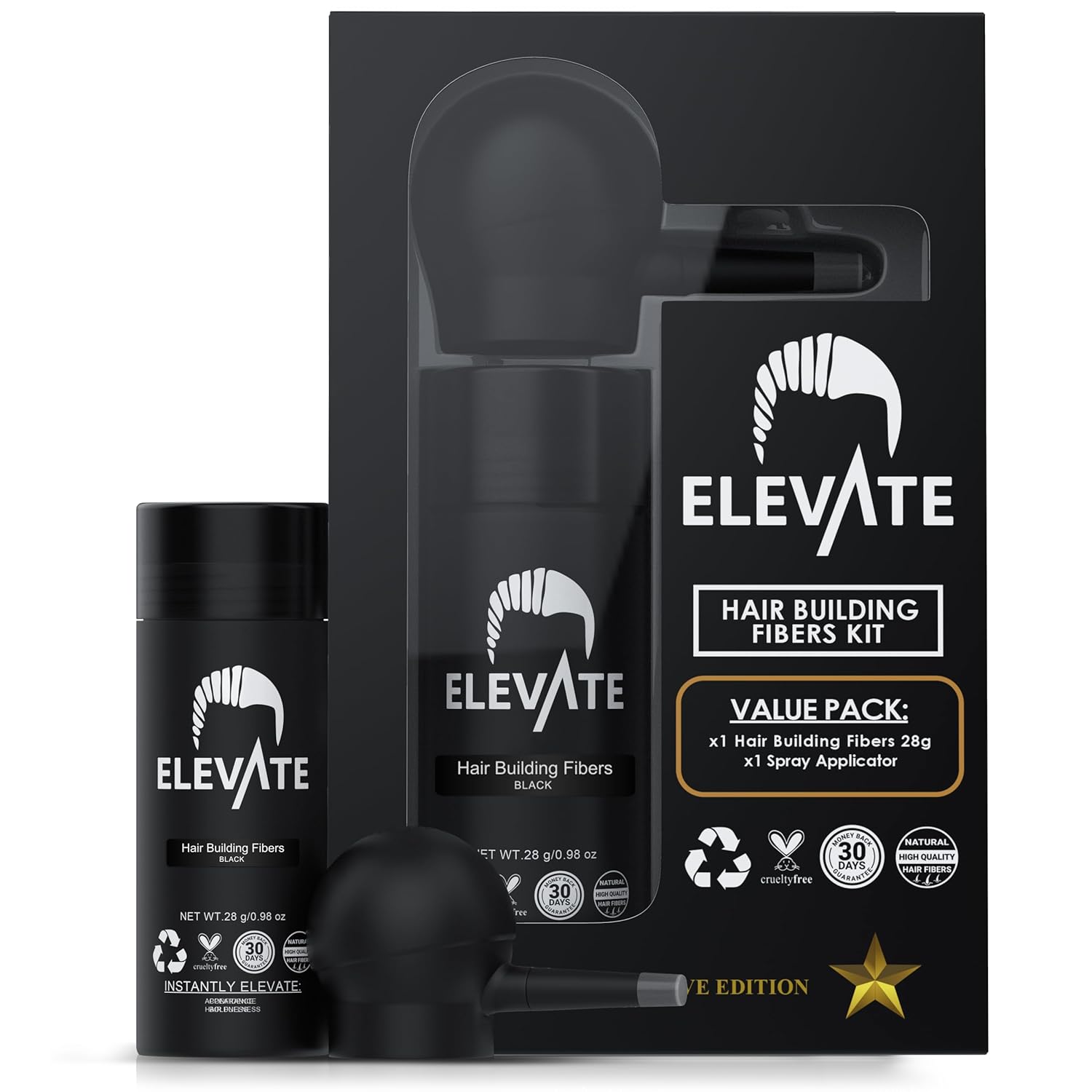 ELEVATE Hair Perfecting 2-in-1 Kit | Set Includes Natural Hair Thickening Fibers & Spray Applicator Pump Nozzle | Instantly Conceal & Thicken Thinning Balding Areas in Seconds Men & Women (Black)