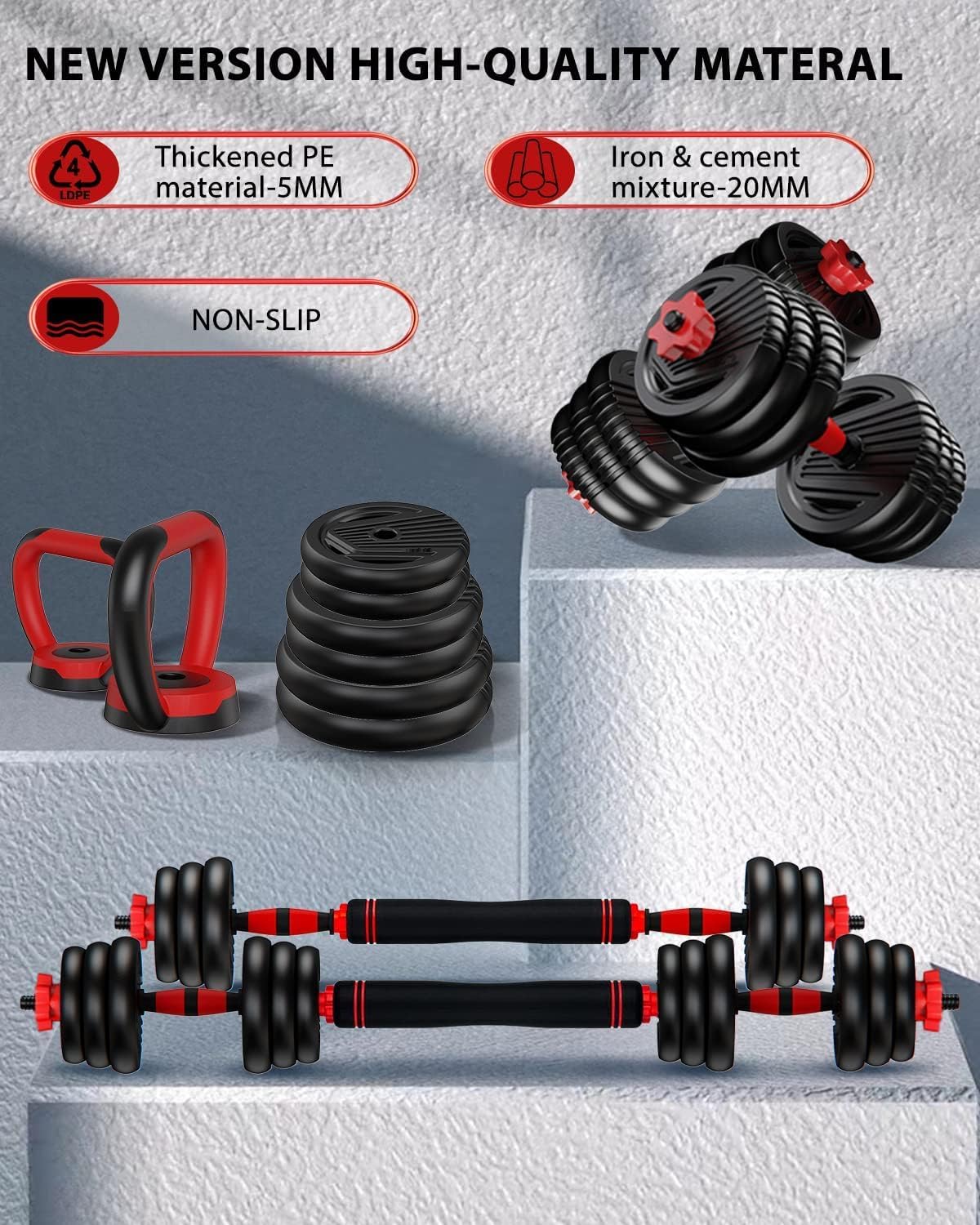 Adjustable Dumbbells, 10/20/35/45/70/90lbs Free Weight Set with Connector, 4 in1 Dumbbells Set Used as Barbell, Kettlebells, Push up Stand, Fitness Exercises for Home Gym Suitable Men/Women