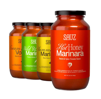 Sauz | Variety Pack, 25 Oz Jars (4-Pack), Includes Hot Honey Marinara, Creamy Calabrian Vodka, Wild Rosemary, Summer Lemon, Gluten-Free, Non-GMO, Multi-Use, Clean Ingredients – Small Batch Craft Sauces