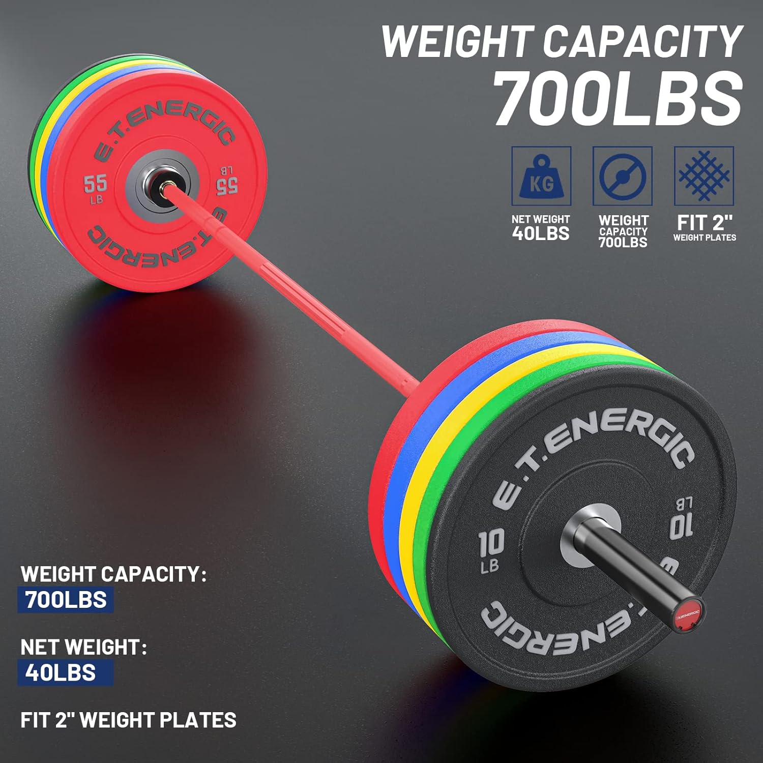 7ft Olympic Barbell 40LB Bar Load 700lbs Capacity Available Men's Barbell with Hard Chrome Sleeves for 2" Olympic Plates, 2 Inch Barbell Bar for Squats, Deadlifts, Presses, Rows and Curls