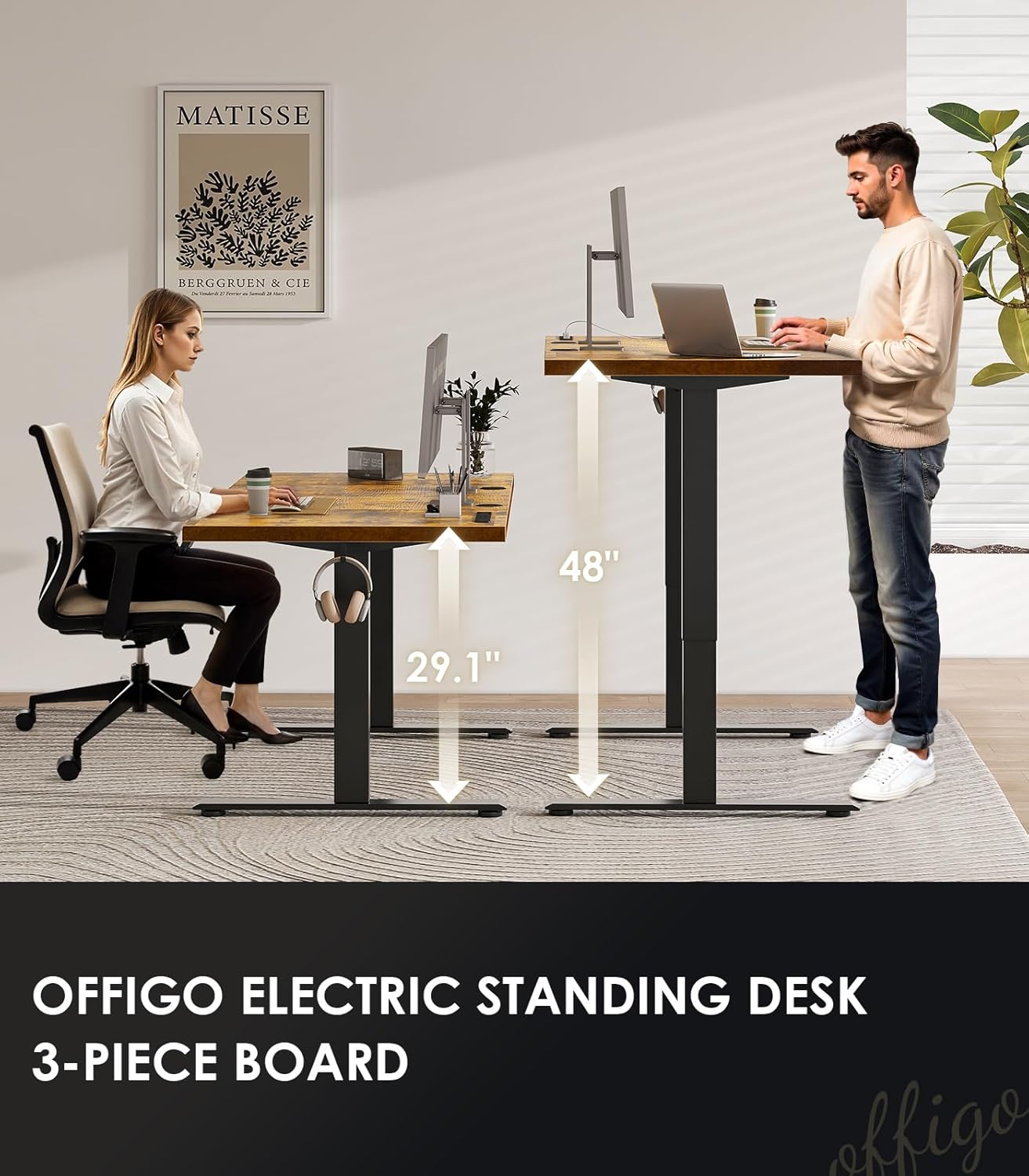 Electric Standing Desk with 3-Piece Board, 71 Inch Height Adjustable Large Desk with Power Outlets, Sit Stand Table, Writing Computer Desk for Home, Office, Workstation, Rustic Brown