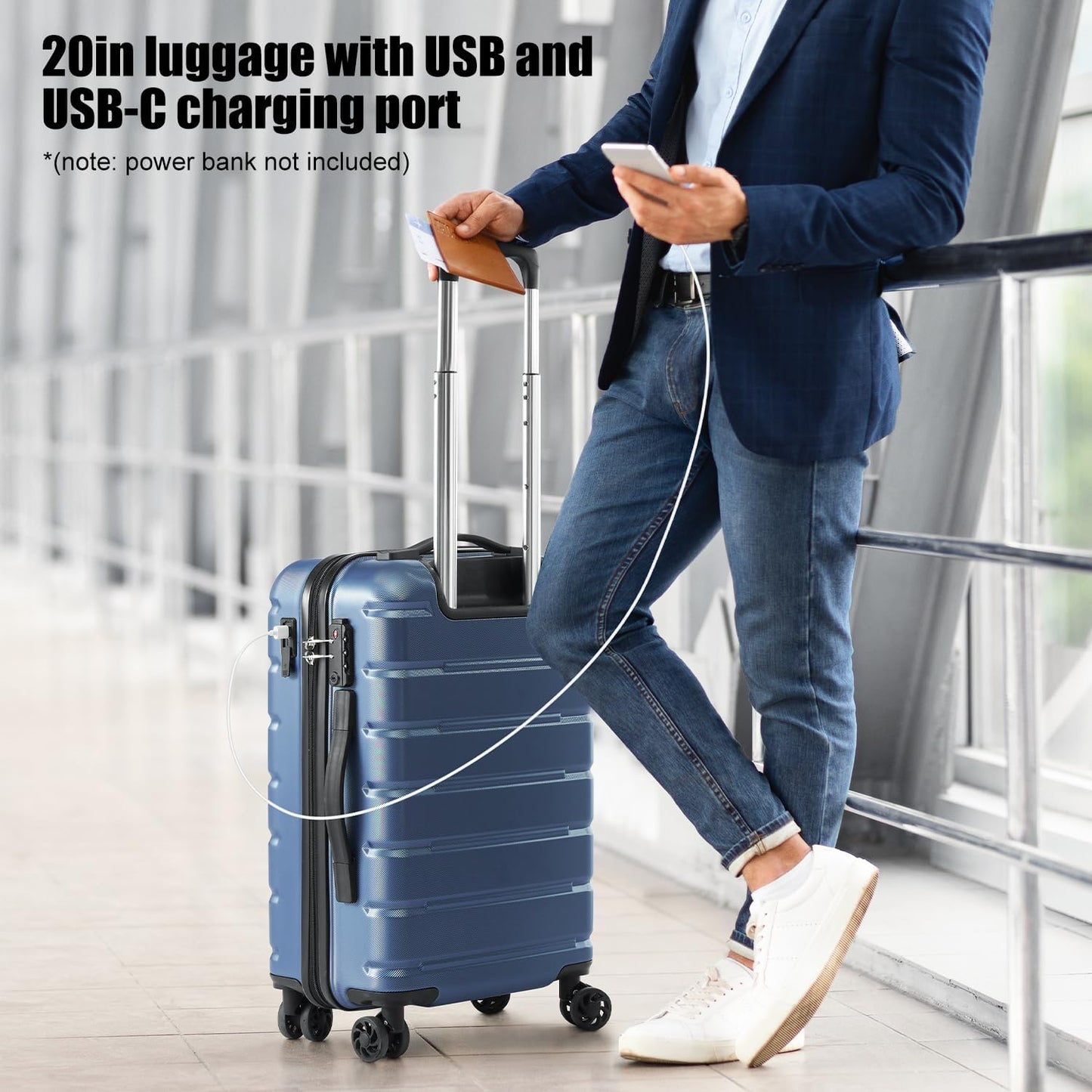 Coolife Luggage Suitcase Carry-on Spinner TSA Lock USB Port Expandable (only 28’’) Lightweight Hardside Luggage (Ice Blue, 3 piece set)