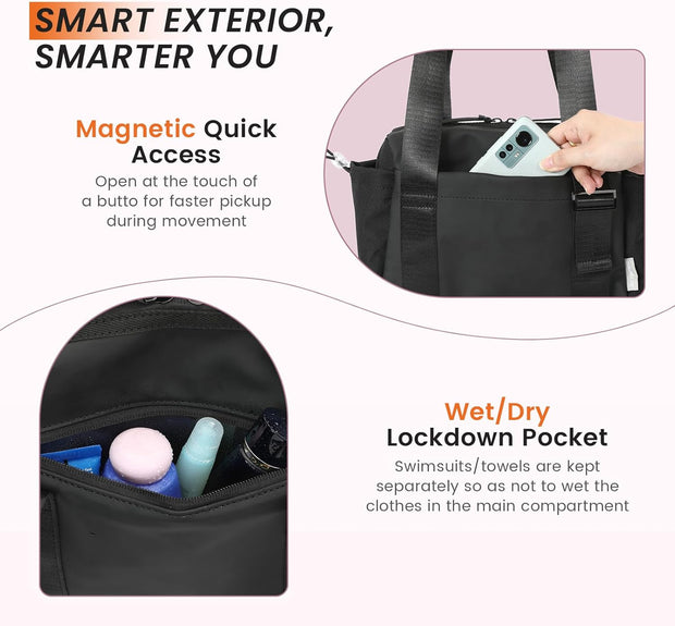 SKYSPER Small Gym Bag for Women - Mini Duffle Bag with Wet Compartment, Lightweight Waterproof Gym Tote Bag for Dance, Travel, Cute & Compact Workout Bag for Girl (Black)