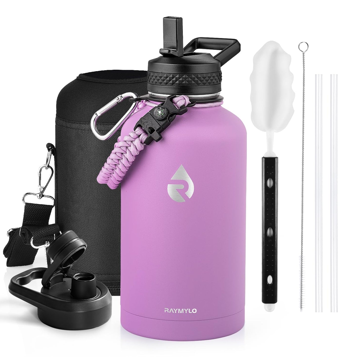 Insulated Water Bottle 64 oz, Triple Wall Vacuum Stainless Steel (Cold for 48 Hrs), Leak Proof & Non-BPA, Half Gallon Water Flask Jug with Paracord Handle & Straw Spout Lids, Magic Black