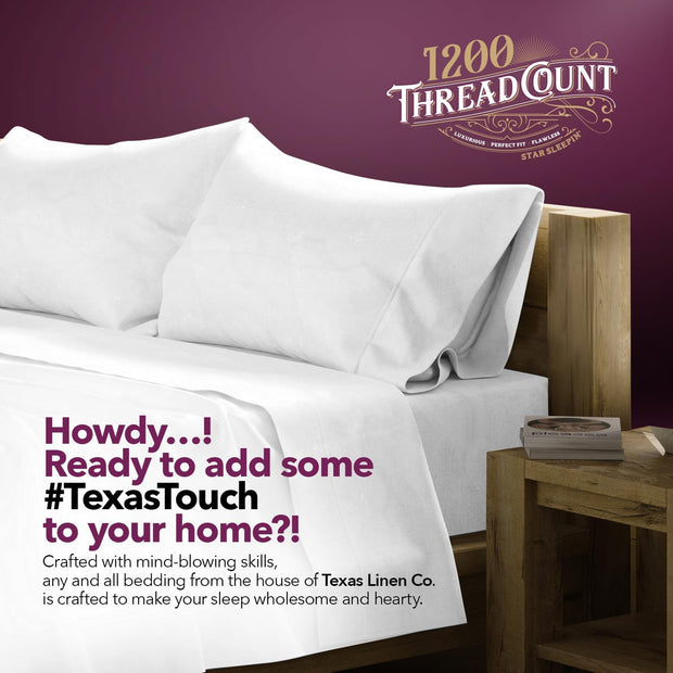 TEXAS LINEN CO. 100% Egyptian Cotton Sheets King Size Set - 1200 Thread Count Egyptian Cotton Luxury Sheets King Size, 17" Deep Pocket, Soft, Cooling Sateen Weave Hotel Quality Bedding Set - White