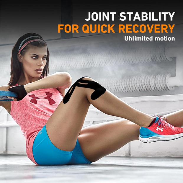 PreCut Kinesiology Tape for Knees, 12 PCS Waterproof KTQUICK Knee Tape for Knee Pain Relief Pre Cut, Original Cotton Athletic Knee Tape, Waterproof & Hypoallergenic Latex-Free for Sports (Black)