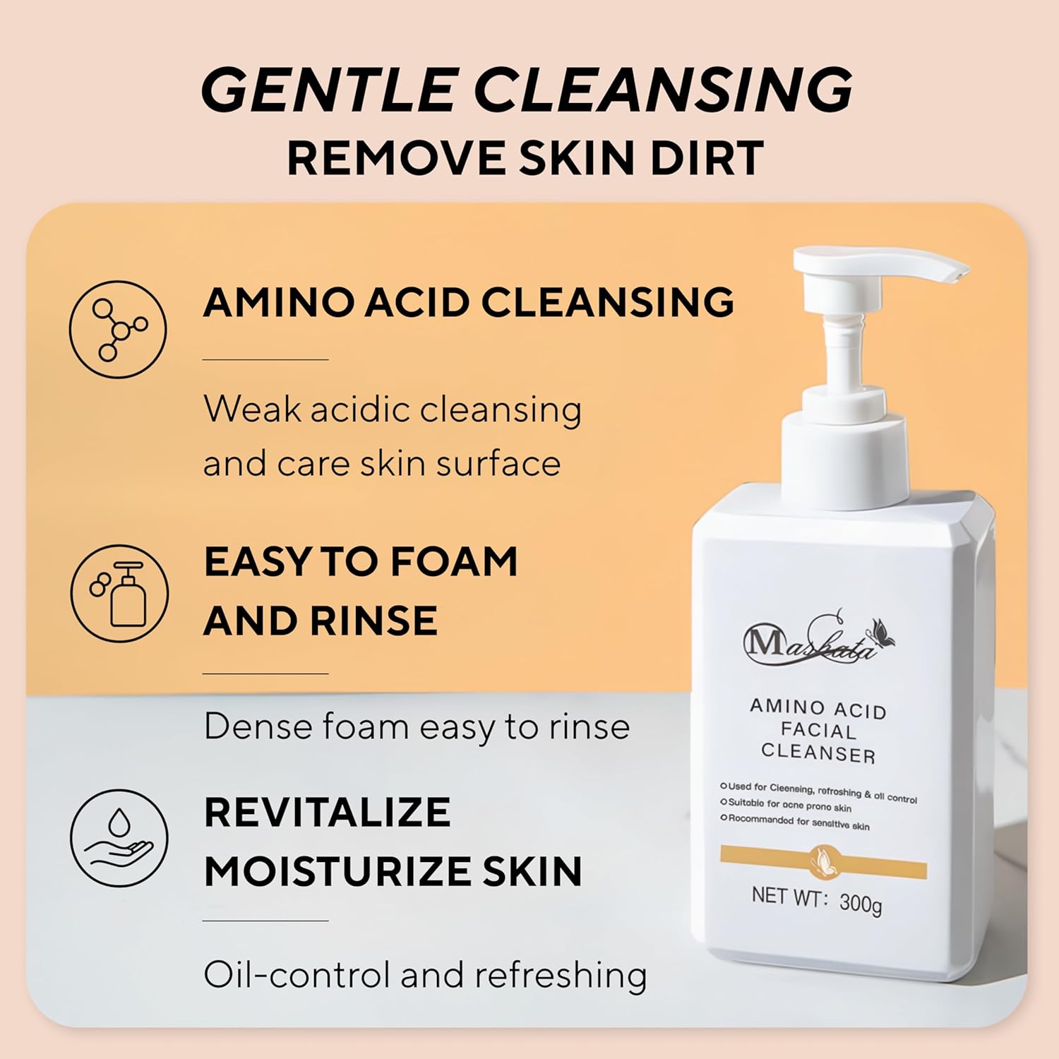 Mashata Amino Acid Facial Cleanser - 10.14oz Gentle Foaming Face Wash for Oily, Sensitive and Acne-Prone Skin - Hydrating Vegan Skincare with Natural Ingredients