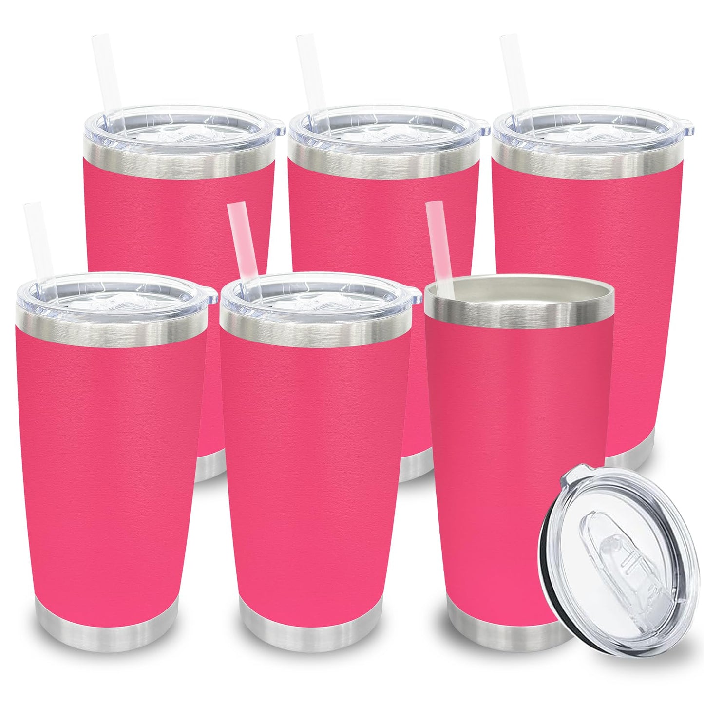 20 oz Tumblers Bulk, Stainless Steel Tumbler with Lid and Straw, Vacuum Double Wall Insulated Travel Coffee Mug with Sliding Lid, Powder Coated Cup for Hot and Cold Drinks (Stainless,6 pack)