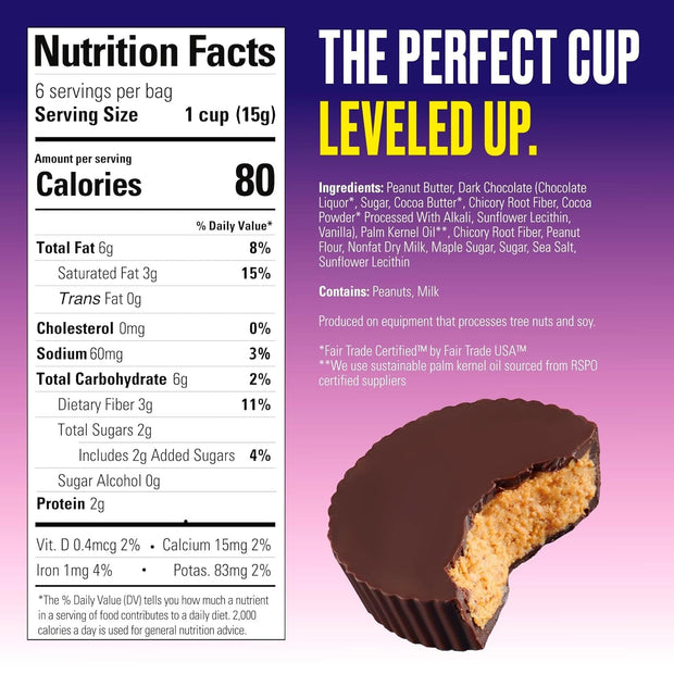 SkinnyDipped Dark Chocolate Peanut Butter Cups, 2g Sugar per Cup, Keto Friendly, No Stevia, Gluten Free, 3.2oz, 1 Pack (6 Cups Total)