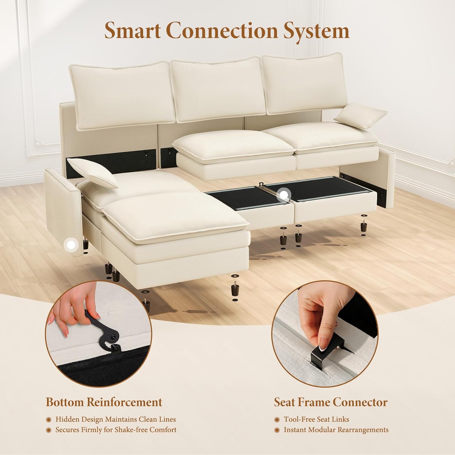 Vesgantti 108" Modular Sectional Sofa, Comfy Cloud Couch with Movable Ottoman Deep Seat Chenille L Shaped Modular Sofa, Sectional Couches for Living Room, Bedroom and Apartment, Beige