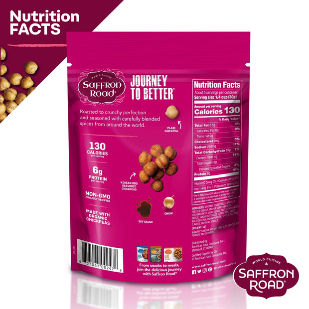 Saffron Road Roasted and Crunchy Sea Salt and Cracked Pepper Chickpeas | High Protein Snacks | Gluten-free, Vegan, Non-GMO, and Certified Halal and Kosher | 5.4oz Pouch | Pack of 6