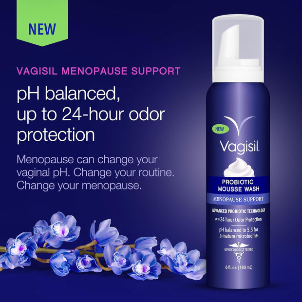 Vagisil Menopause Support Probiotic Mousse Wash, pH Balanced for Mature Microbiome, 24 Hour Freshness, Light Botanical Scent, Gentle Formula For Mature Skin, Sulfate-Free, 6 oz
