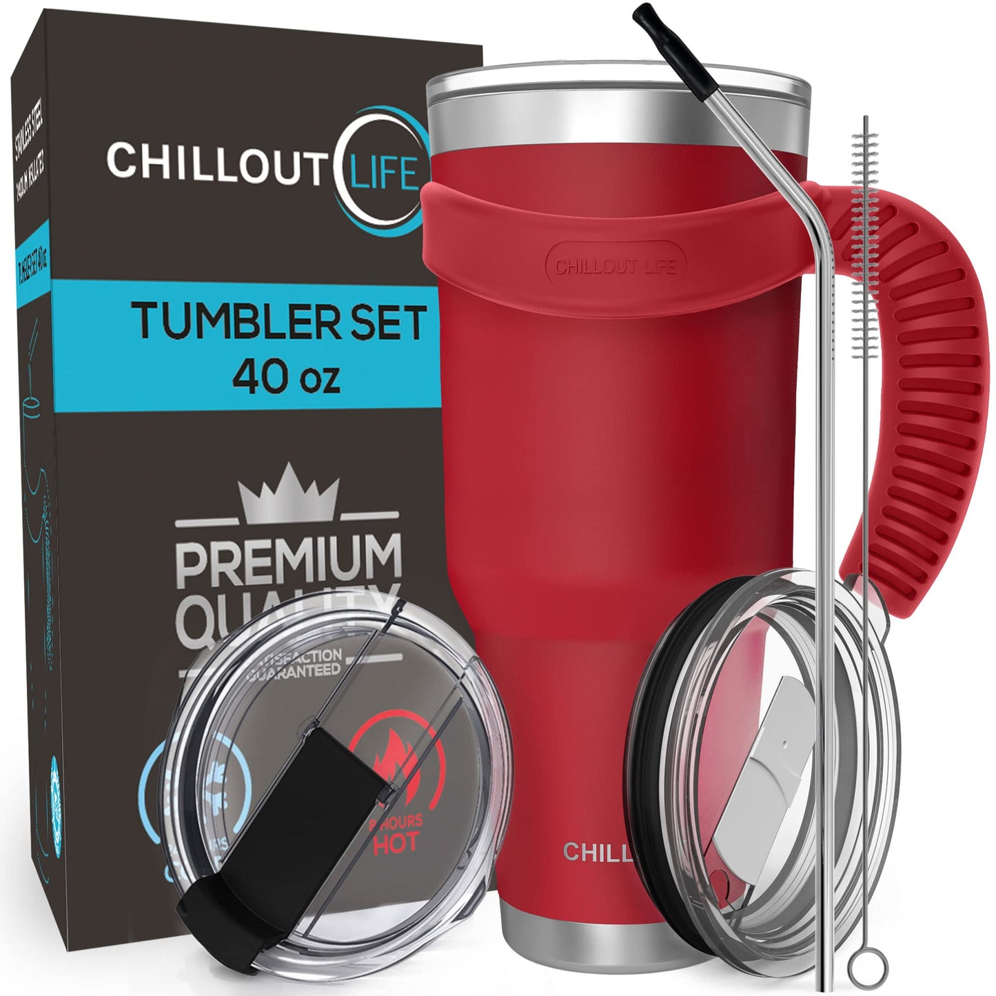 CHILLOUT LIFE Stainless Steel Travel Mug with Handle 30 oz – 6 Piece Set. Tumbler with Handle, Straw, Cleaning Brush & 2 Lids. Double Wall Insulated Large Coffee Mug Bundle