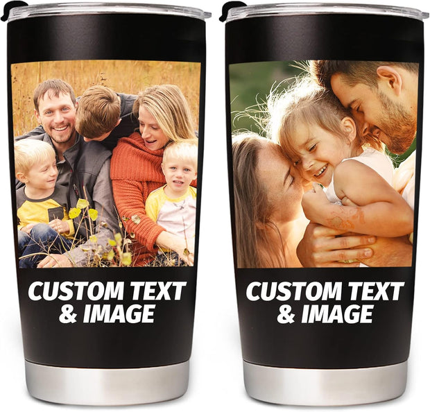Personalized Tumbler with Pictures Text Name, Custom Stainless Steel Tumbler with Lid, Personalized Gifts for Women, Men, Christmas Birthday Mother's Day Gifts for Mom, Dad, Friend