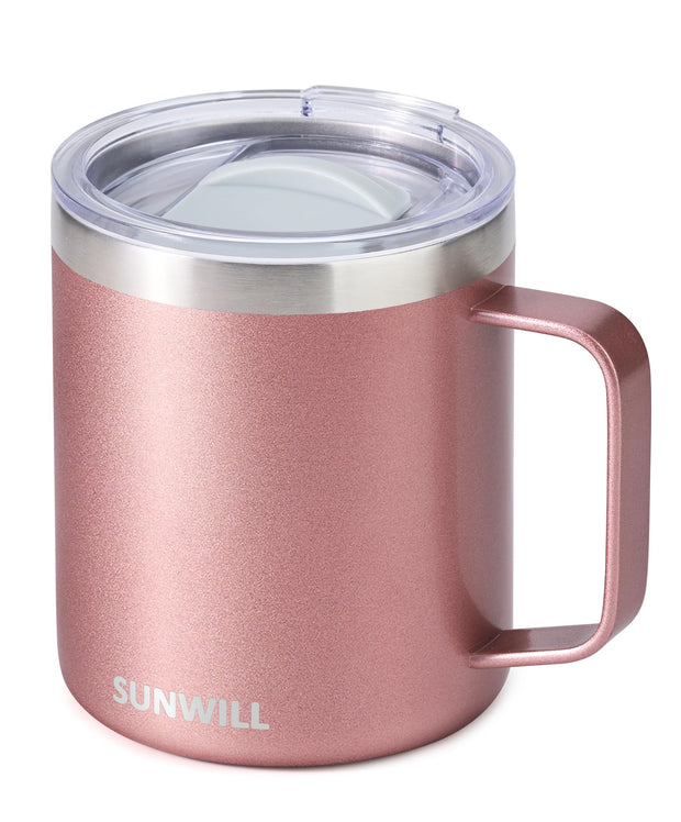 SUNWILL Insulated Coffee Mug with Lid, Travel Tumbler with Handle, 14 oz Stainless Steel Cup for Camping, Office, Home, Powder Coated White