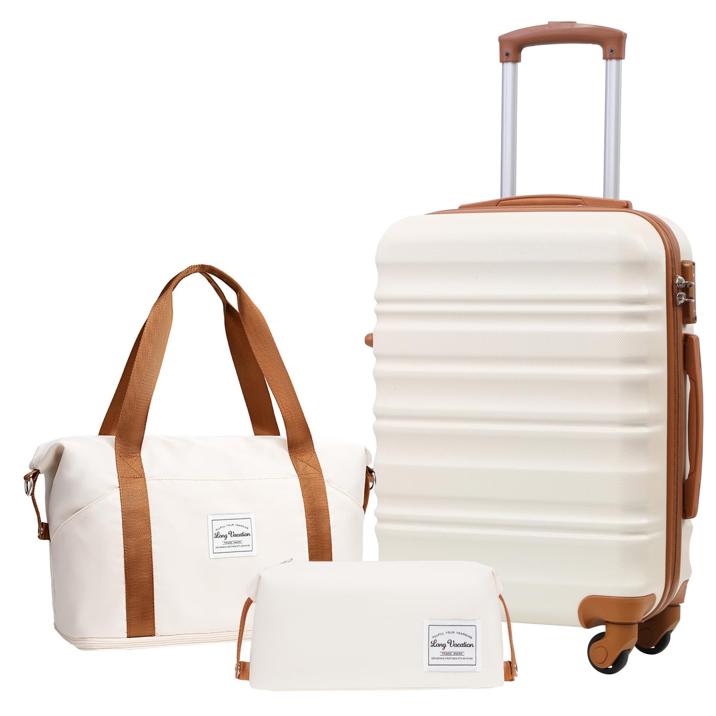 LONG VACATION 6 Piece Luggage Set Carry on Suitcase with ABS+PC hardshell, Spinner Wheels & YKK Zipper TSA Lock (WHITE-BROWN, 6 piece set)