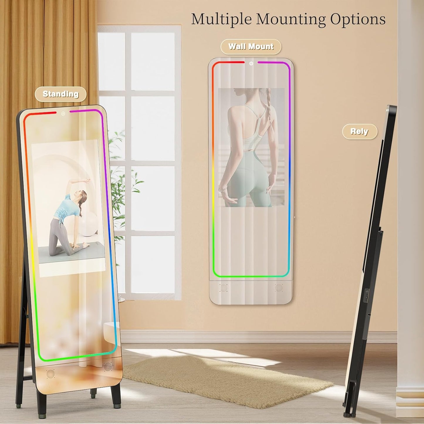 32" Smart Gym Mirror for Home Gym Workout, No VIP Required, 1080P HD Screen, 55" Mirror, Screen mirroring/Miracast/Screen Projection Support Various APP, with Light and Sound Control