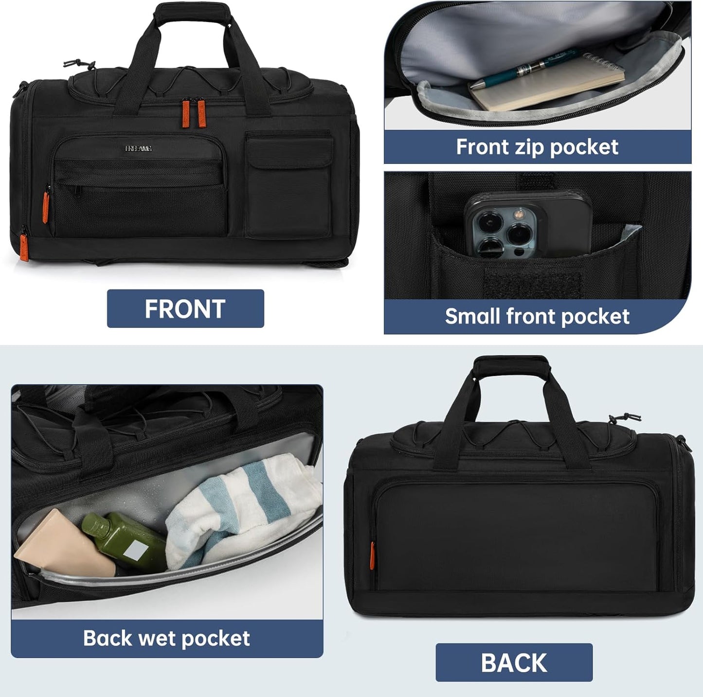Gym Bag for Men Women, Water-resistant Sports Duffle Backpack, Travel Duffle Bag with Shoe Laptop Compartment, Weekender Overnight Carry On Backpack for Gym Travel (Black)