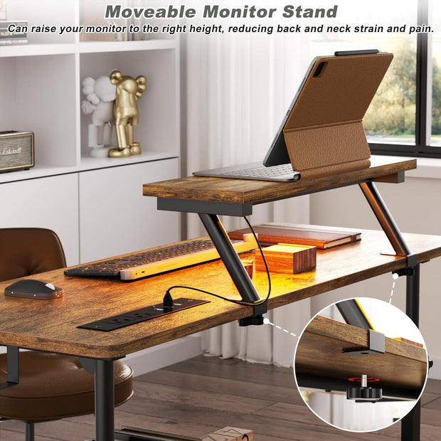 Height Adjustable Standing Desk with Power Outlets and LED Lights - 39" Manual Stand Up Desk with Monitor Stand and Storage Shelves Small Mobile Rolling Computer Desk Portable Laptop Table, Rustic