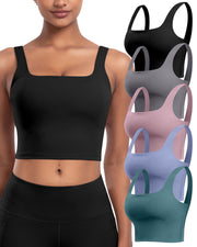 Womens Sports Bras 5 Packs - Square Neck Longline Workout Crop Tank Tops Padded Yoga Camisole with Built in Pads