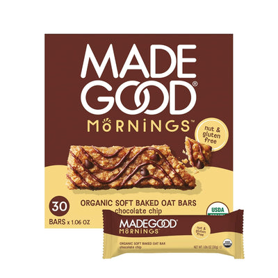 MadeGood Mornings Soft Baked Breakfast Bars, Chocolate Chip, 1.06 Oz (30 Count) Gluten Free Snacks