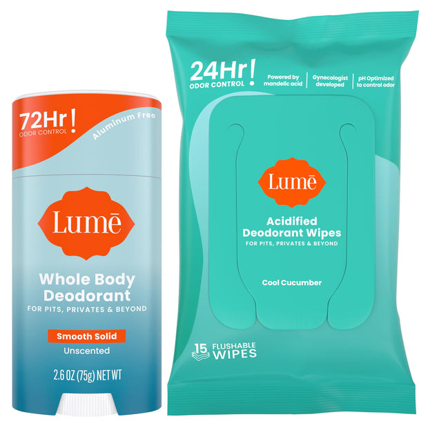 Lume Whole Body Deodorant - Smooth Solid Stick & Flushable Deodorant Wipes - Doctor Developed - Aluminum Free, Baking Soda Free, Skin Loving - 2.6 Ounce (Soft Powder) 15 Count Wipes (Cool Cucumber)