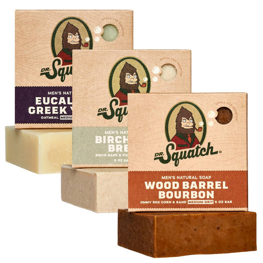 Dr. Squatch Natural Bar Soap for Men - Cold Process Soap with No Harsh Chemicals - Wood Barrel Bourbon, Birchwood Breeze & Eucalyptus Greek Yogurt (5 oz, 3-Pack)