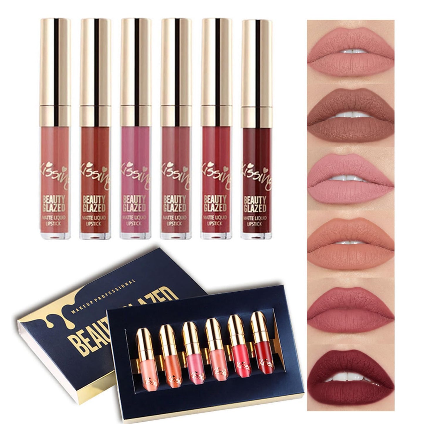 6Pcs Matte Liquid Lipstick Makeup Set, Matte liquid Long-Lasting Wear Non-Stick Cup Not Fade Waterproof Lip Gloss (Set A)