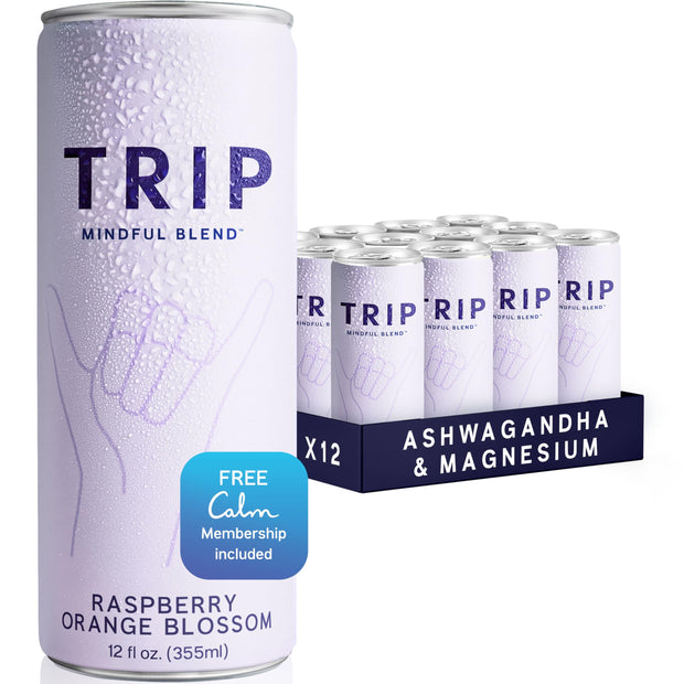 Trip Mindful Blend, Lightly Sparkling Adaptogen Seltzer, Mocktail w/ 120mg Magnesium Citrate with Ashwagandha, Lions Mane & L Theanine, No Added Sugar, Vegan, Peach Ginger, 12 Oz, 12Pk