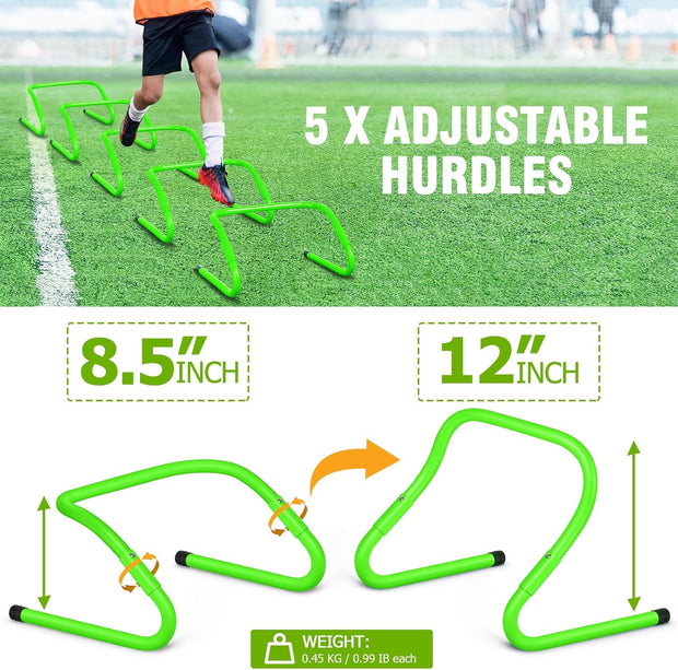 Speed and Agility Training Equipment: 5 Adjustable Agility Hurdles. 20ft Agility Ladder, Soccer Training Equipment Set for Kids Youth Adults