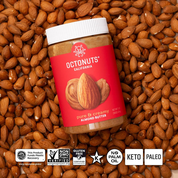 Octonuts Dry Roasted Pure Almond Nut Butter 16oz - Pure Creamy Nut Butter - Gluten Free, Vegan, Kosher, Paleo, Non-GMO Nut Butters Single Ingredient
