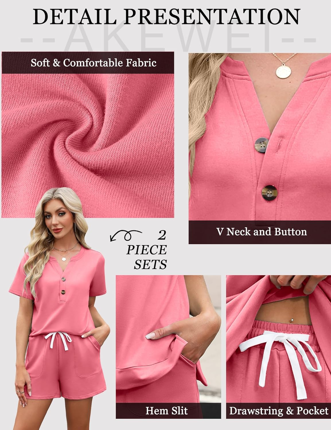 AKEWEI Womens Two Piece Outfits Summer Lounge Sets Tracksuit V Neck Buttons Down Tops and Shorts Set with Pockets