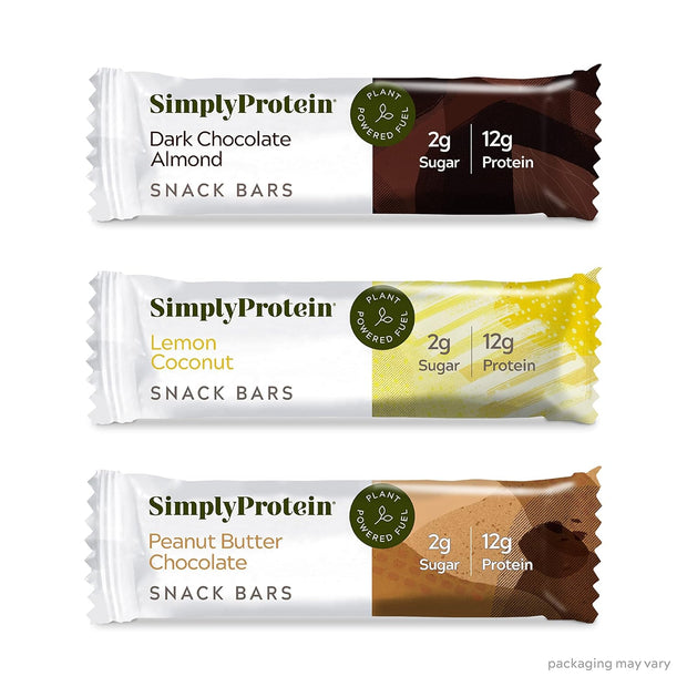 Simply Protein - Crispy Vegan Protein Bars Variety Pack, 3 Flavors - Plant Based, Protein Snacks - 13g Protein, 2g Sugar, 7g Fiber - Gluten Free, Non GMO, Kosher - 12 Bars